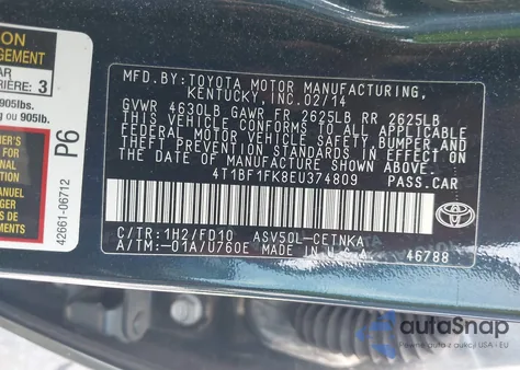 2014 Toyota Camry Le from USA, damaged, VIN 4T1BF1FK8EU374809